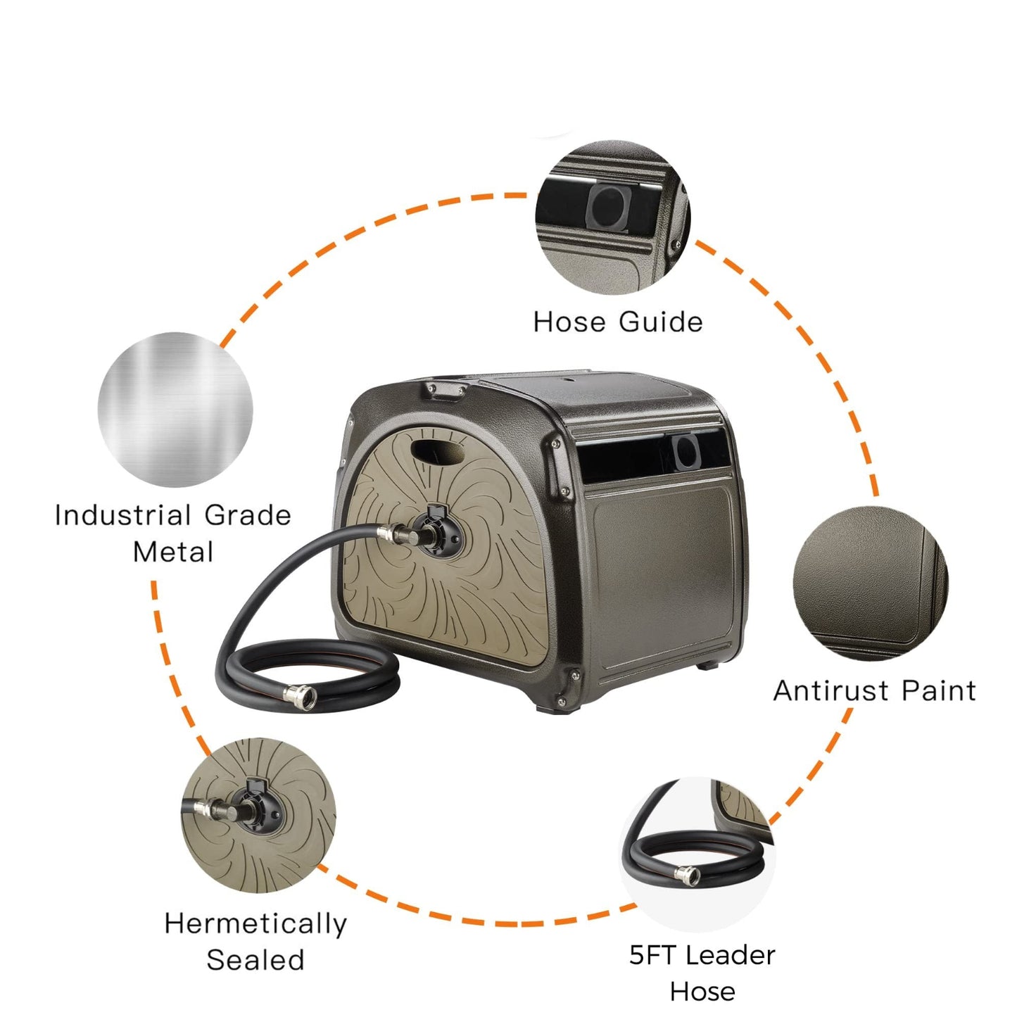 Additional features of the heavy duty garden hose reel with labeled parts on a white background including: hose guide, antirust paint, hermetically sealed, and industrial grade metal. 