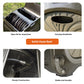 Heavy Duty Garden hose reel with features highlighted on a white background including: open top lid for hose inspection, carrying handholes, sturdy construction, and stable and durable.