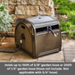 Heavy duty garden hose reel box on a patio with text about hose capacity: 150 feet of 5/8 inch garden hose or 200 feet of 1/2 inch garden hose.