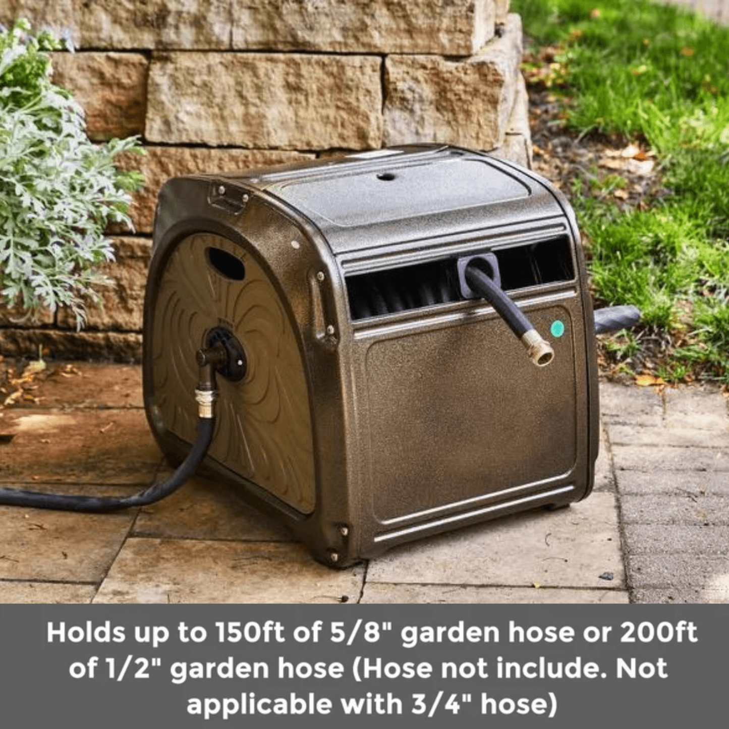 Heavy duty garden hose reel box on a patio with text about hose capacity: 150 feet of 5/8 inch garden hose or 200 feet of 1/2 inch garden hose.