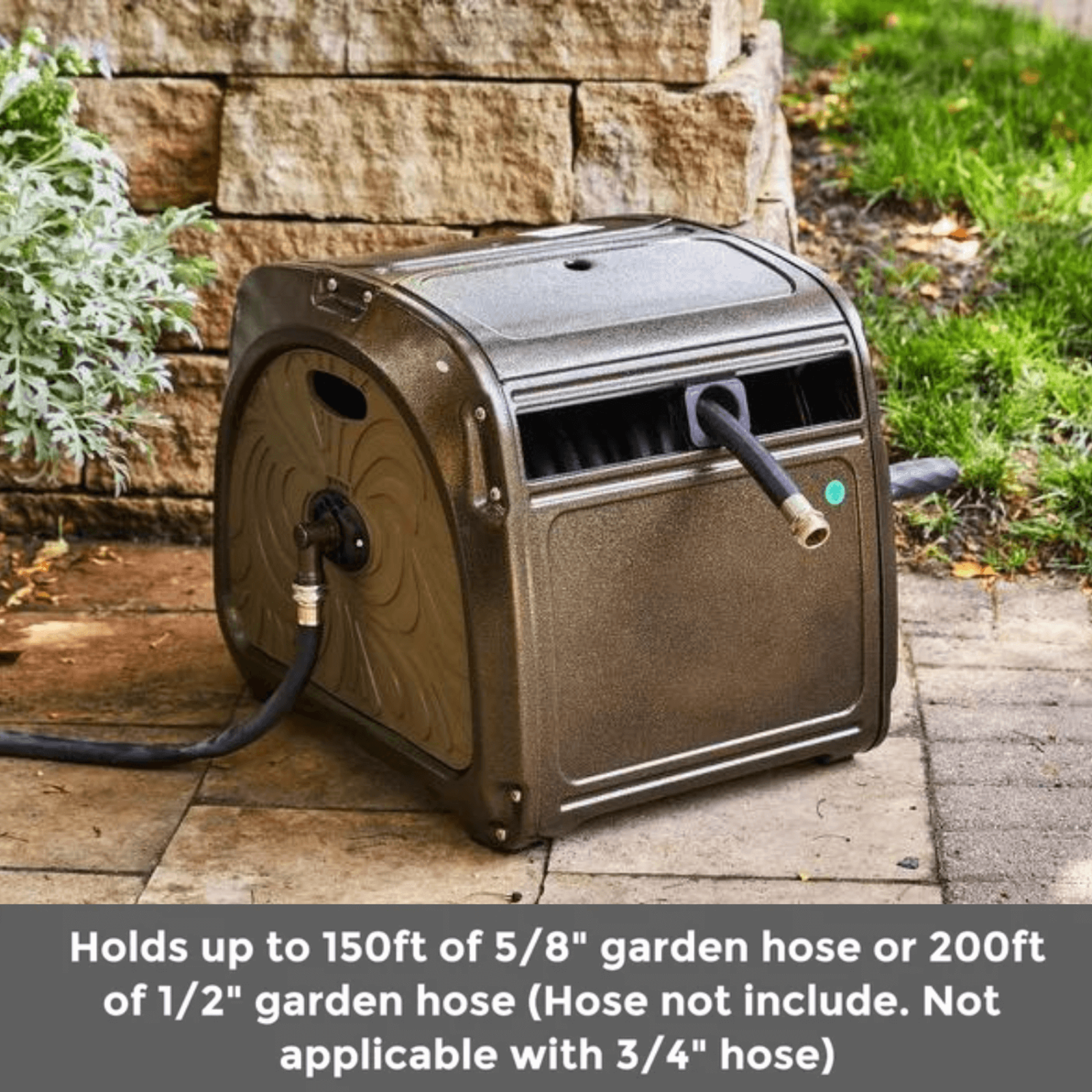 Heavy duty garden hose reel box on a patio with text about hose capacity: 150 feet of 5/8 inch garden hose or 200 feet of 1/2 inch garden hose.