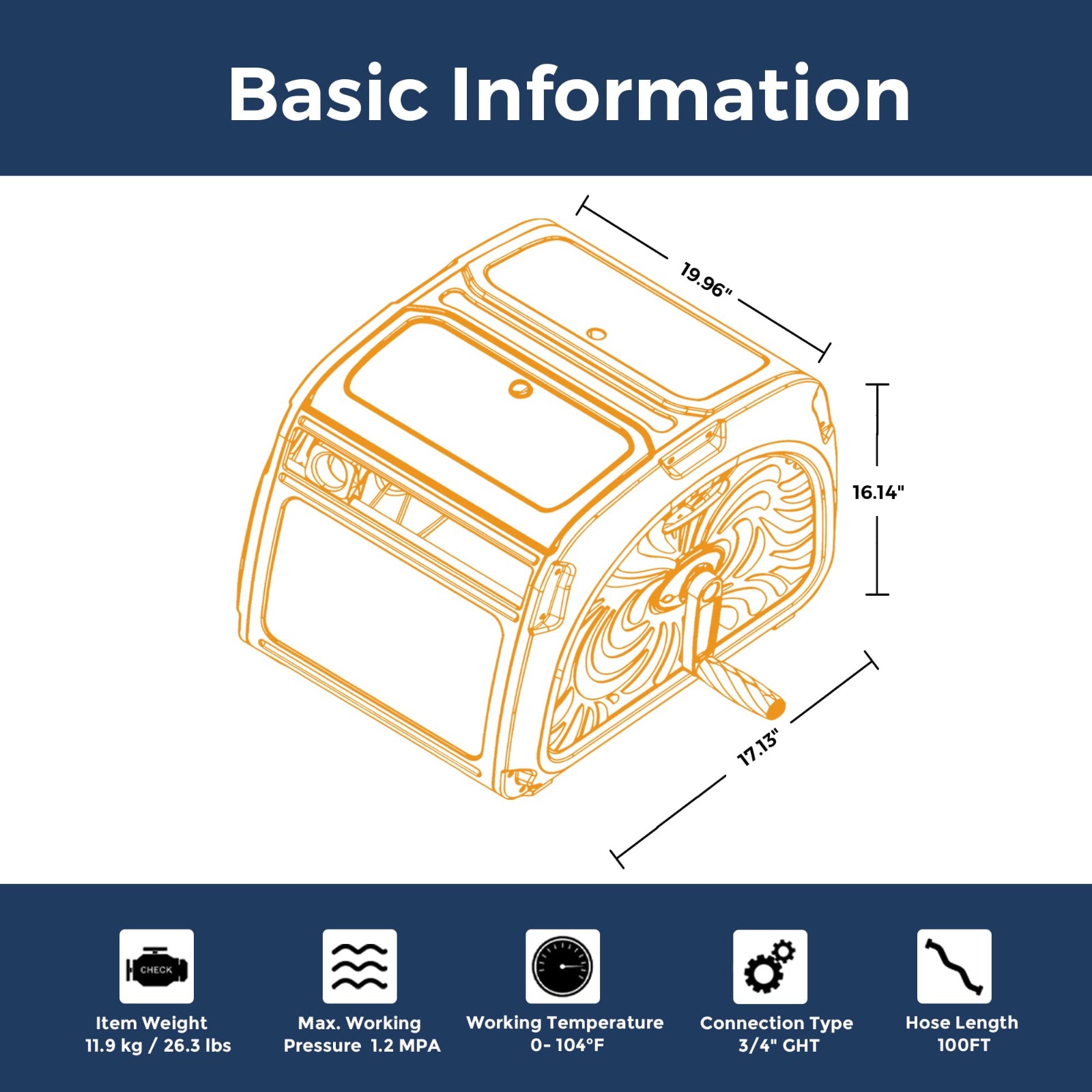 Technical diagram of heavy duty garden hose reel with dimensions and basic information on a white background.