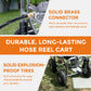 Heavy Duty Garden Hose reel cart with solid brass connector and solid explosion proof tires on grass indicating durability.