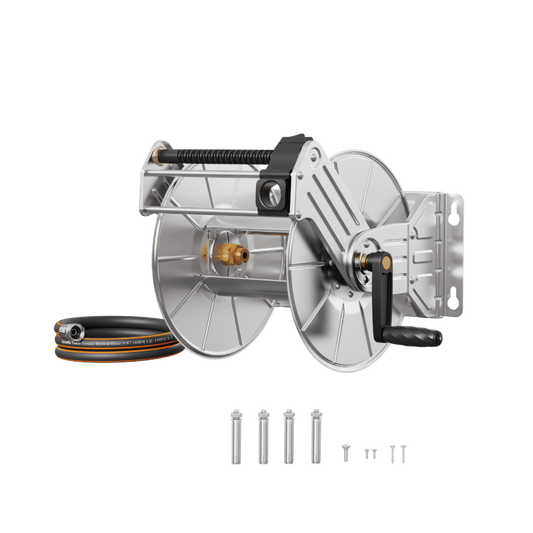 Heavy-Duty Wall-Mounted Stainless Steel Garden Hose Reel with hose and fasteners on a white background.