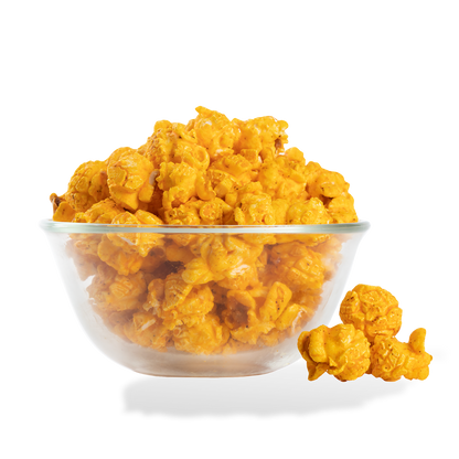 Hot Cheese Popcorn popped in a bowl on a white background