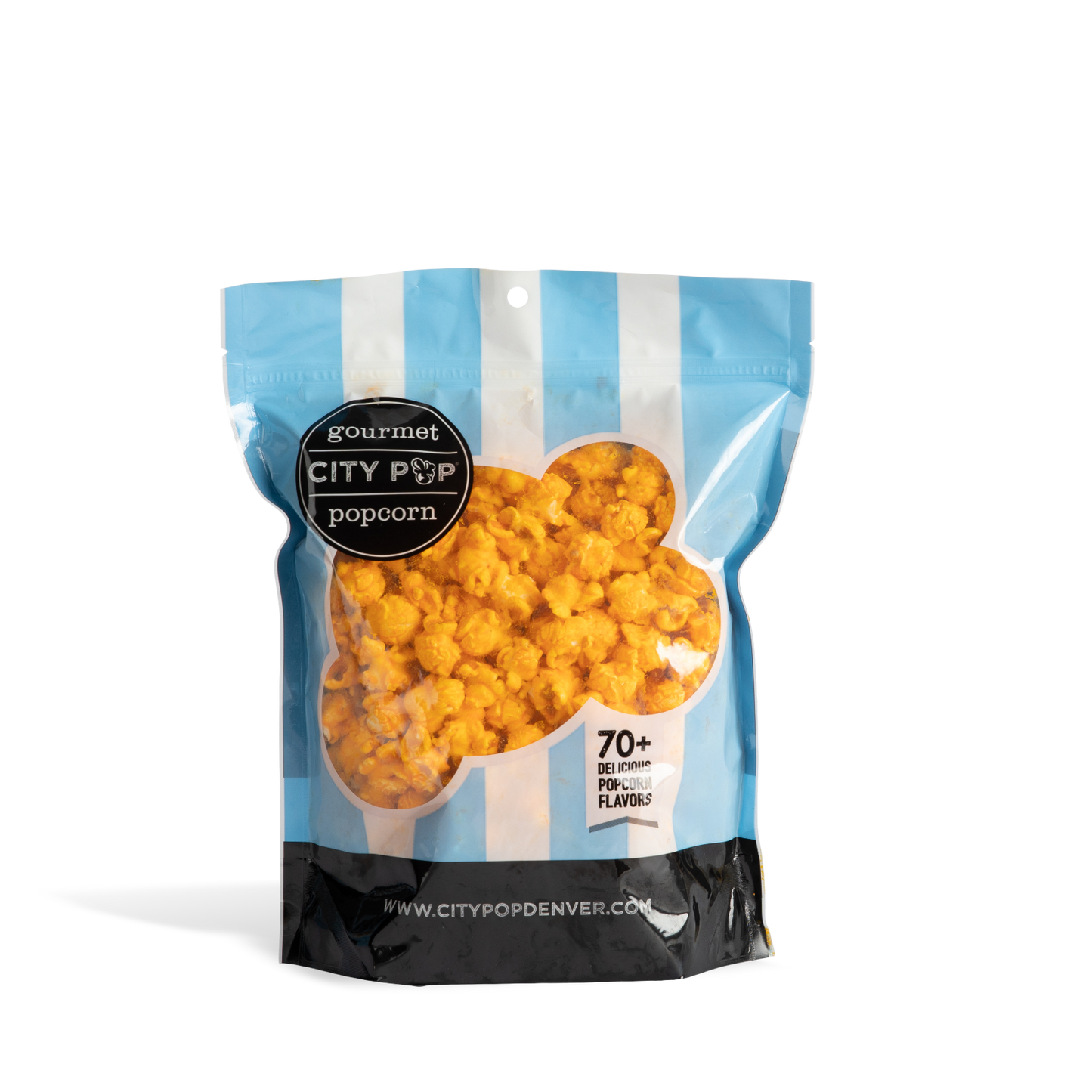 Bag of City Pop Hot Cheese popcorn with blue and white striped design on a white background