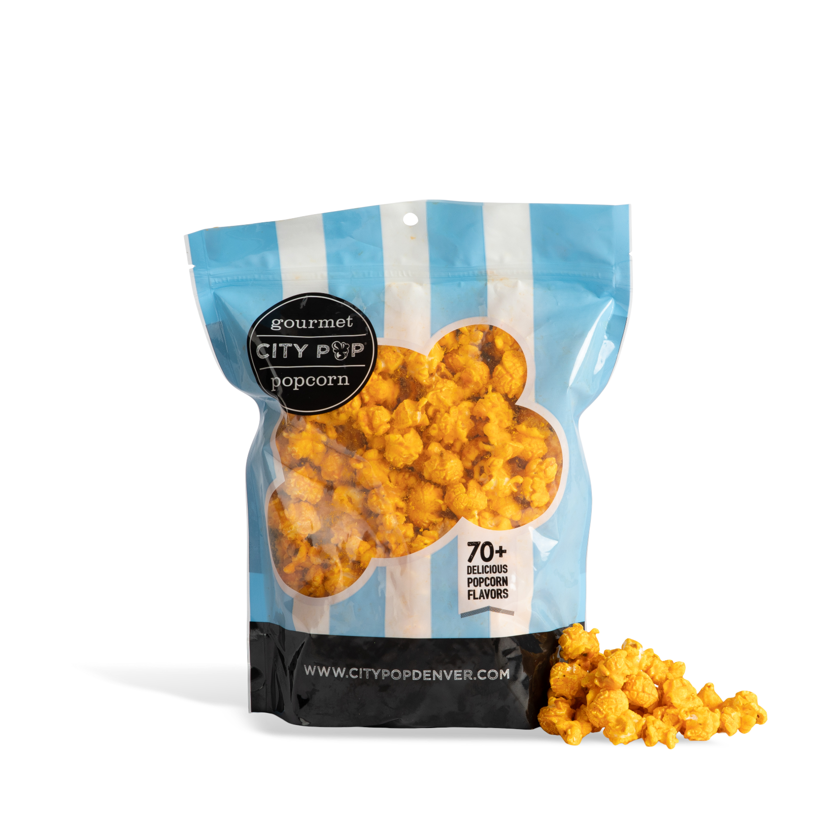 Bag of City Pop Hot Cheese  popcorn with visible branding on a white background
