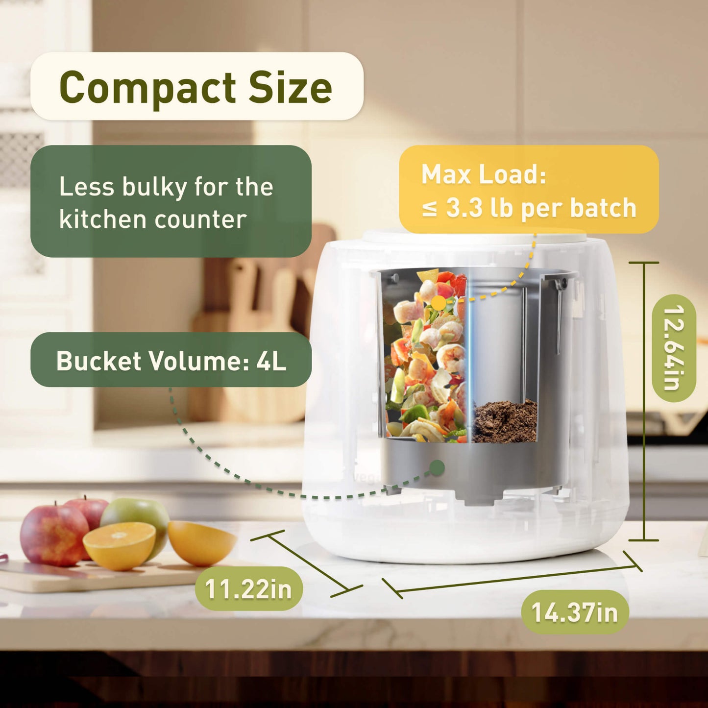Kitchen Composter on a counter with measurements and features highlighted. Dimensions are 12.64" tall, 14.37" long, by 11.22" wide with a bucket volume of 4 Liters and Max load of less than 3.3 pounds of waste per batch. 