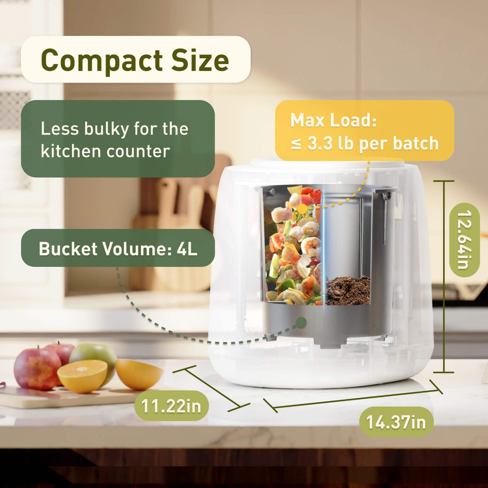 Kitchen Composter on a counter with measurements and features highlighted. Dimensions are 12.64" tall, 14.37" long, by 11.22" wide with a bucket volume of 4 Liters and Max load of less than 3.3 pounds of waste per batch. 
