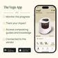 Vego app interface on a smartphone with features listed: monitor the progress, track your impact, access composting guides and knowledge, and connected to the vendor. 