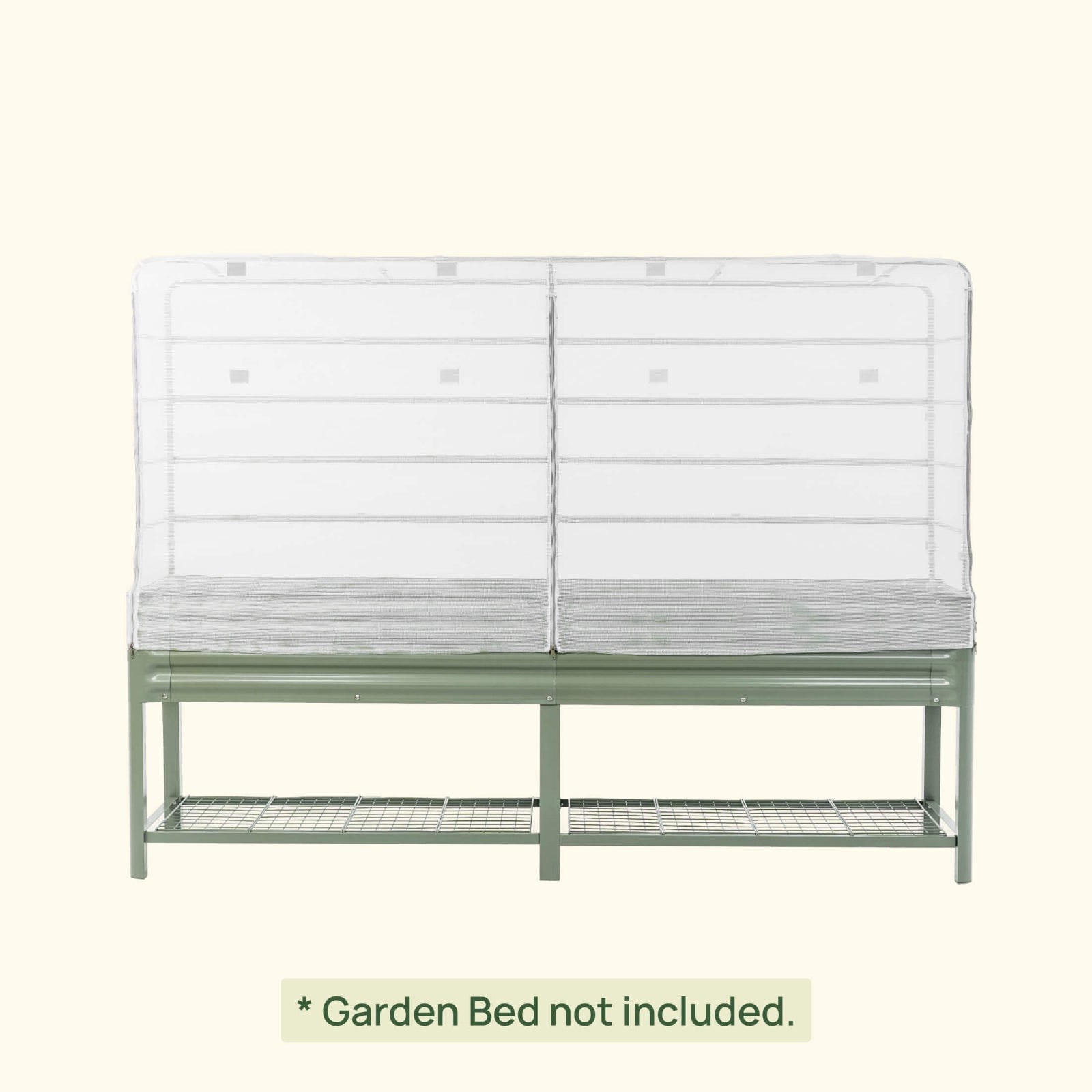 Mesh Cover System for Elevated Garden Beds installed on a green elevated garden bed on a white background.