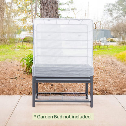 Gray metal garden bed with mesh cover in a garden setting with text clarifying the garden bed is not included.