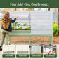 Mesh cover system for an elevated garden bed in a garden setting, shown with four add-on accessories: arch trellis, wall trellis, cover system, and tool storage