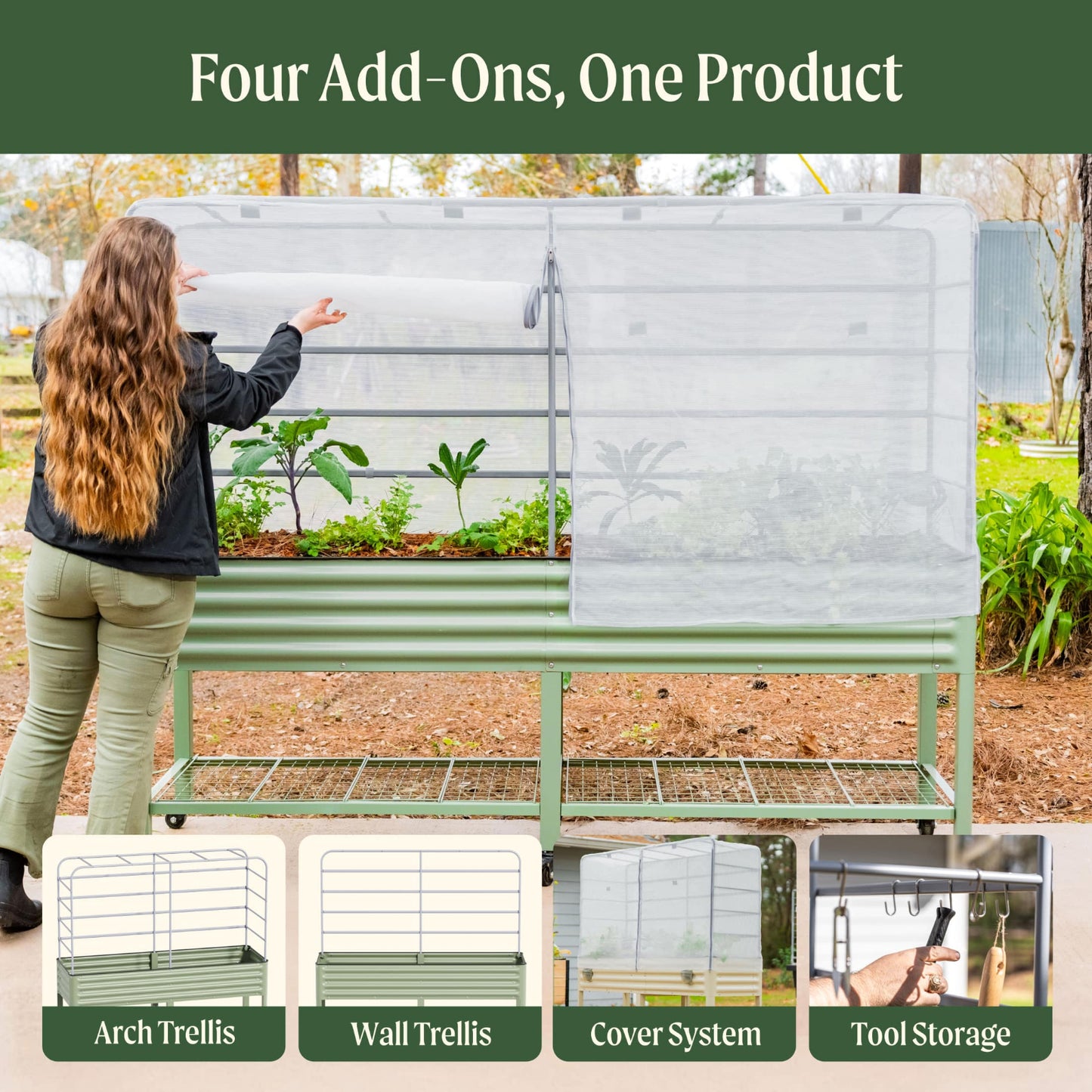 Mesh cover system for an elevated garden bed in a garden setting, shown with four add-on accessories: arch trellis, wall trellis, cover system, and tool storage