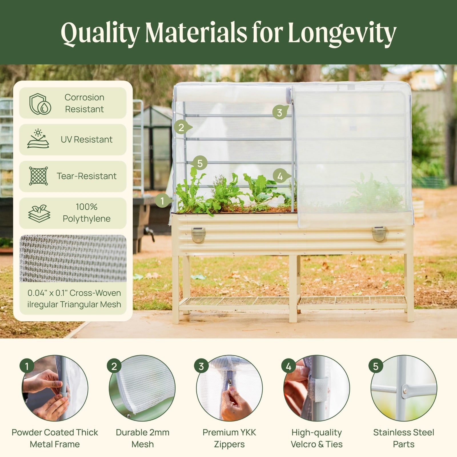 Image showing the mesh cover system for elevated garden beds with quality materials for longevity, including a thick powder-coated metal frame, durable 2 mm mesh, premium YKK zippers, high-quality Velcro and ties, and corrosion-resistant stainless steel components