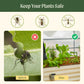 Mesh cover system for elevated garden beds showing protection from flies, ants, and mosquitoes, with a before-and-after comparison of exposed plants versus healthy plants inside the mesh