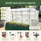 Mesh Cover System for Raised Garden Beds with features highlighted in a backyard setting including: powder coated thick metal frame, durable 2mm mesh, high-quality zippers, high-quality Velcro and ties, heavy-duty connectors, corrosion resistant, UV resistant, tear resistant, and 100% polythylene.