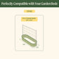 Diagram of 10-in-1 raised garden bed with dimensions on a green background showing compatibility with the metal frame string trellis. 