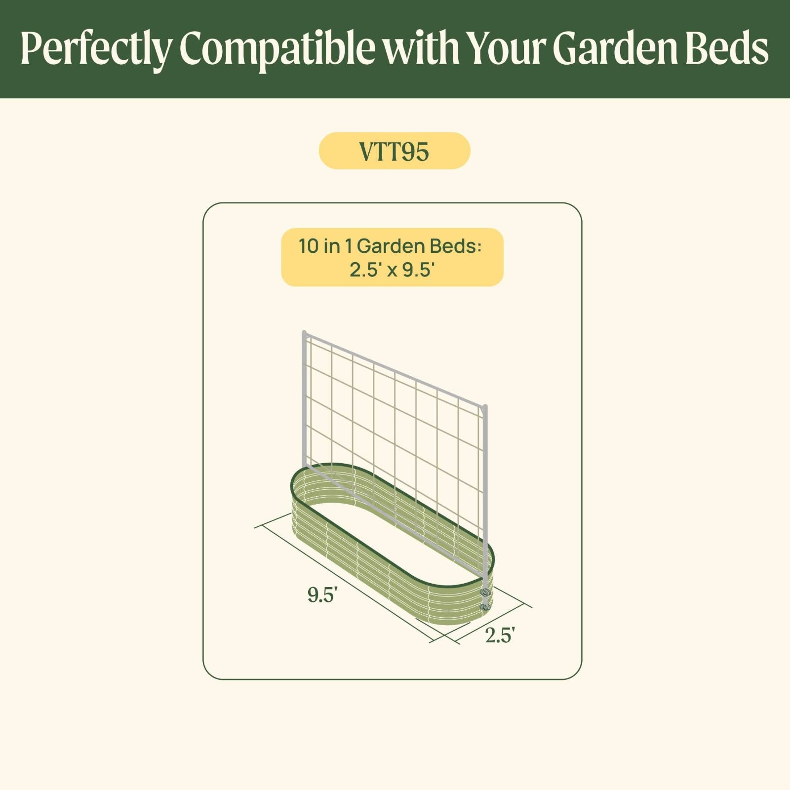 Diagram of 10-in-1 raised garden bed with dimensions on a green background showing compatibility with the metal frame string trellis. 