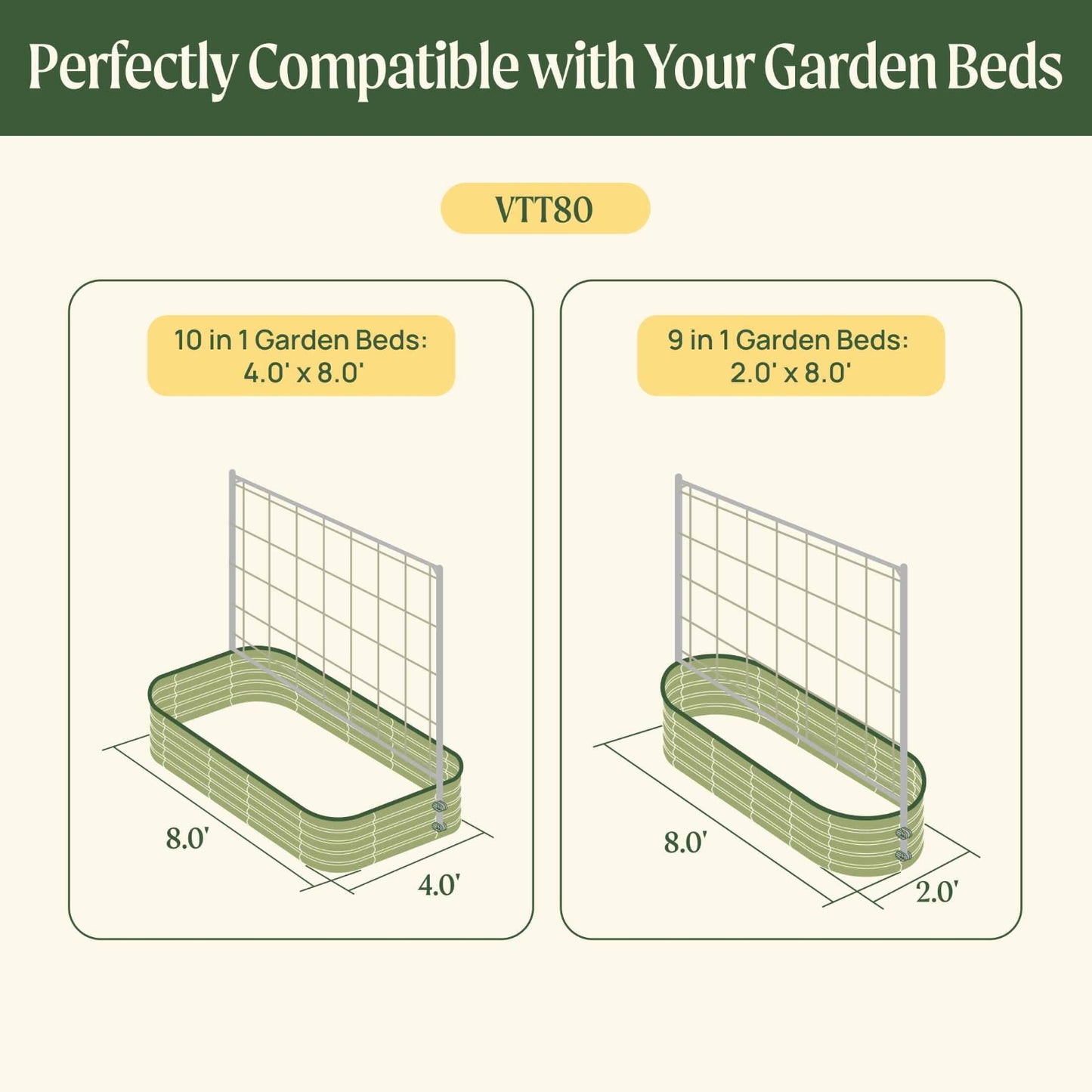 Dimensions chart showing two VTT80 raised garden bed configurations compatible with metal frame string trellises