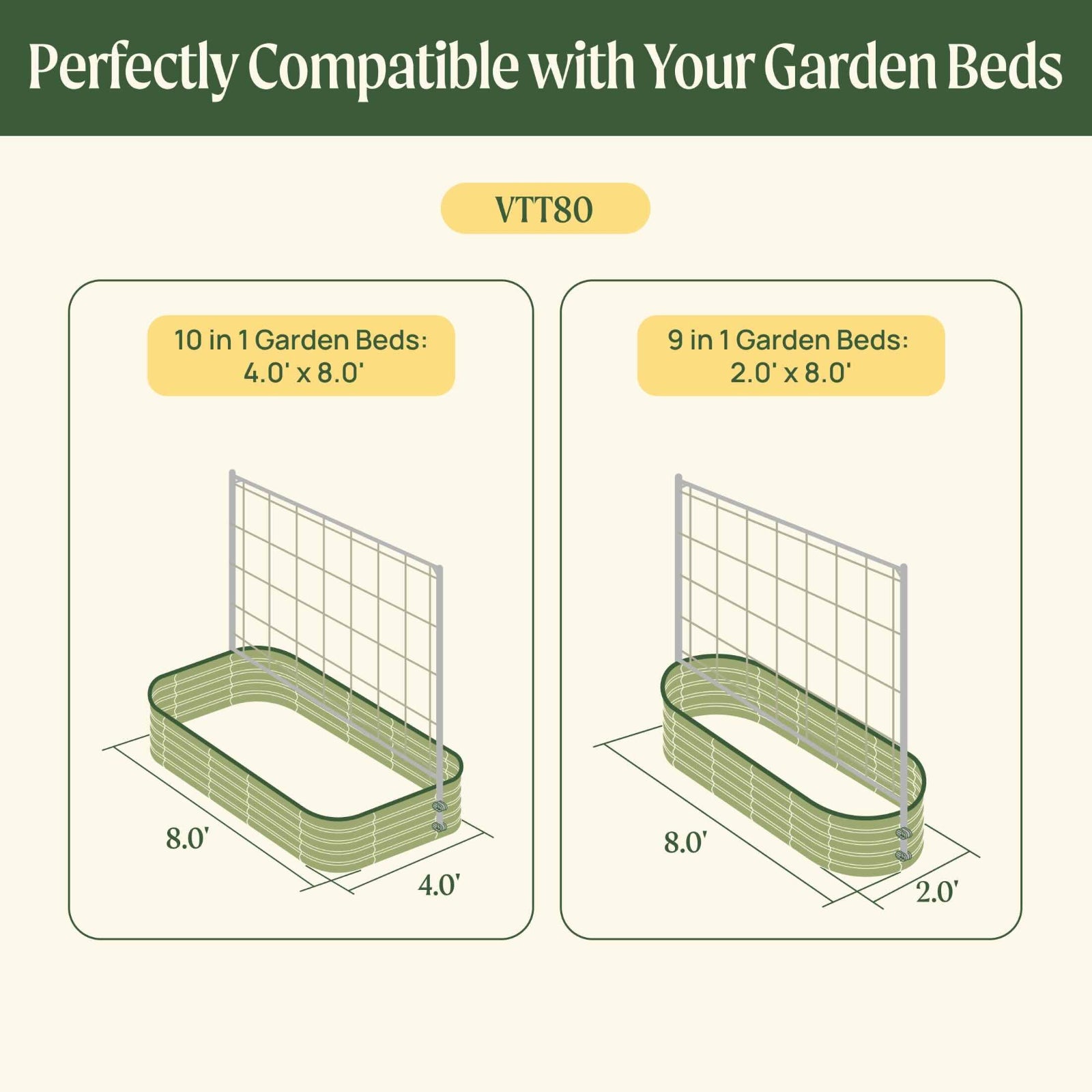Dimensions chart showing two VTT80 raised garden bed configurations compatible with metal frame string trellises