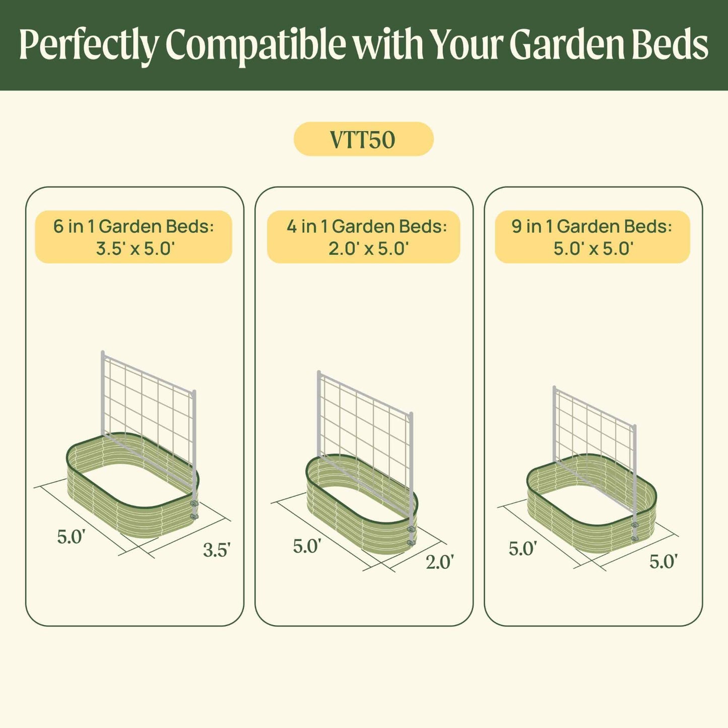 Dimensions chart showing three VTT50 raised garden bed configurations compatible with metal frame string trellises