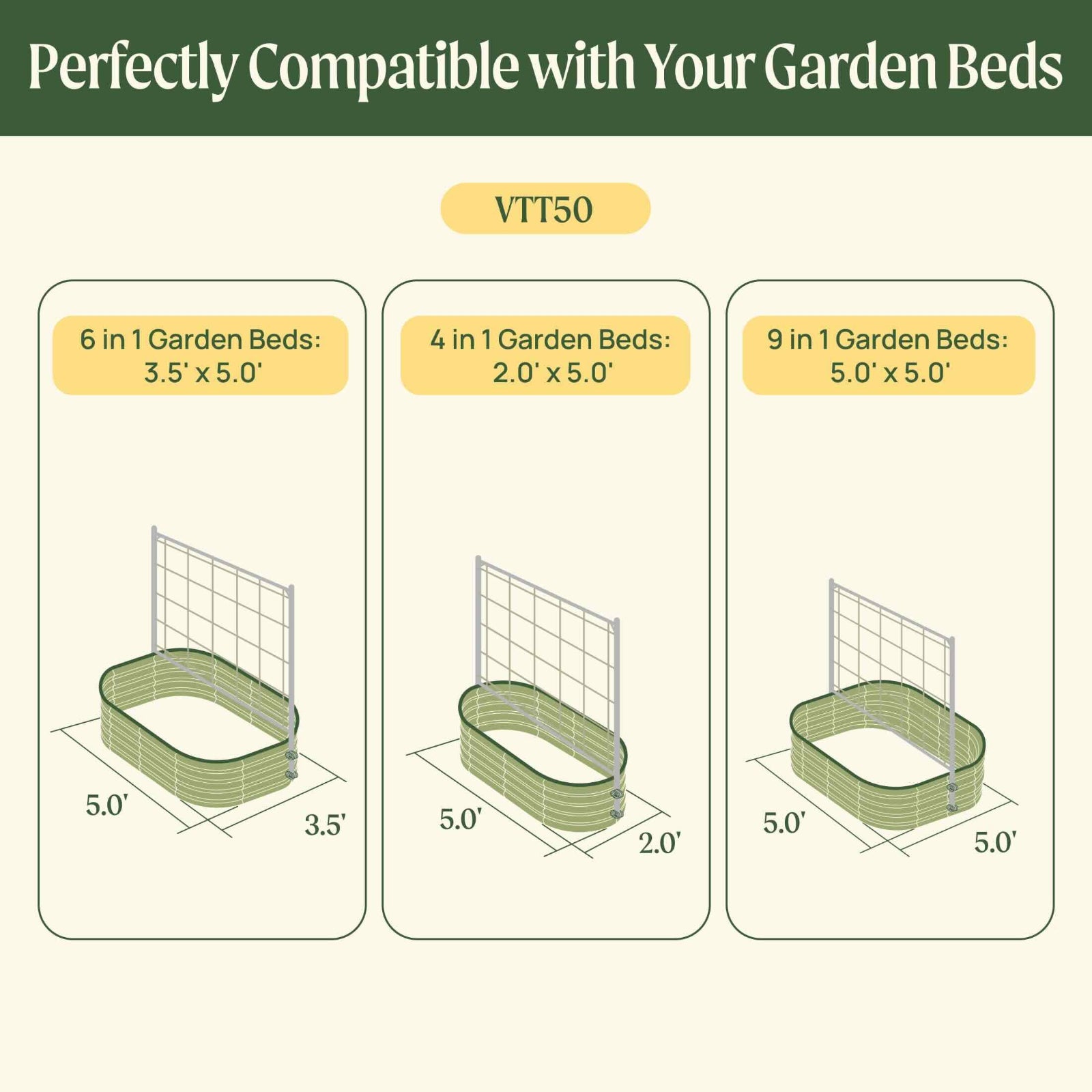 Dimensions chart showing three VTT50 raised garden bed configurations compatible with metal frame string trellises