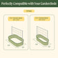 Dimensions chart showing two VTT65 raised garden bed configurations compatible with metal frame string trellises