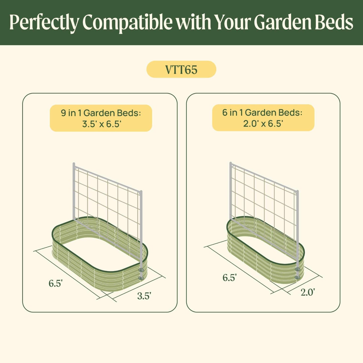 Dimensions chart showing two VTT65 raised garden bed configurations compatible with metal frame string trellises