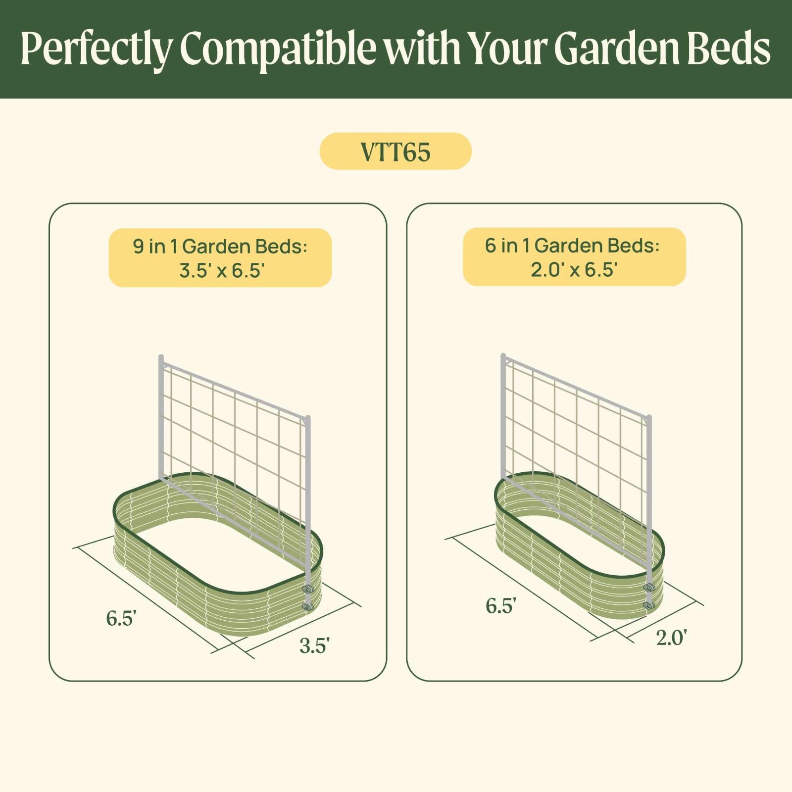 Dimensions chart showing two VTT65 raised garden bed configurations compatible with metal frame string trellises