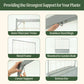 Product features of the metal frame string trellis with text highlighting its components including: 4mm thick jute twine, stainless steel rings, metal frame, mounted to garden beds, corner support, and bottom bar.