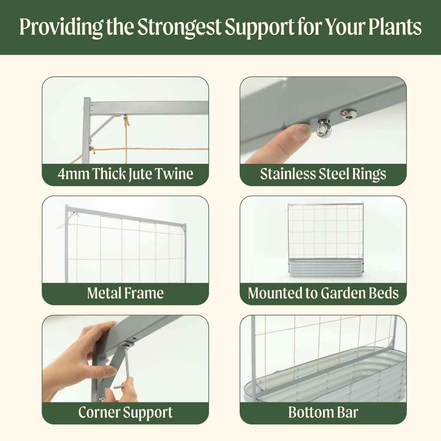 Product features of the metal frame string trellis with text highlighting its components including: 4mm thick jute twine, stainless steel rings, metal frame, mounted to garden beds, corner support, and bottom bar.