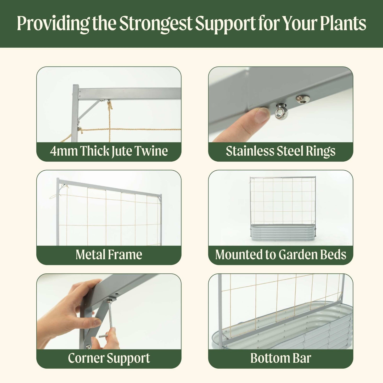 Product features of the metal frame string trellis with text highlighting its components including: 4mm thick jute twine, stainless steel rings, metal frame, mounted to garden beds, corner support, and bottom bar.