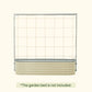 Metal frame string trellis installed in a pearly white raised garden bed on a white background with text saying the garden bed is not included.