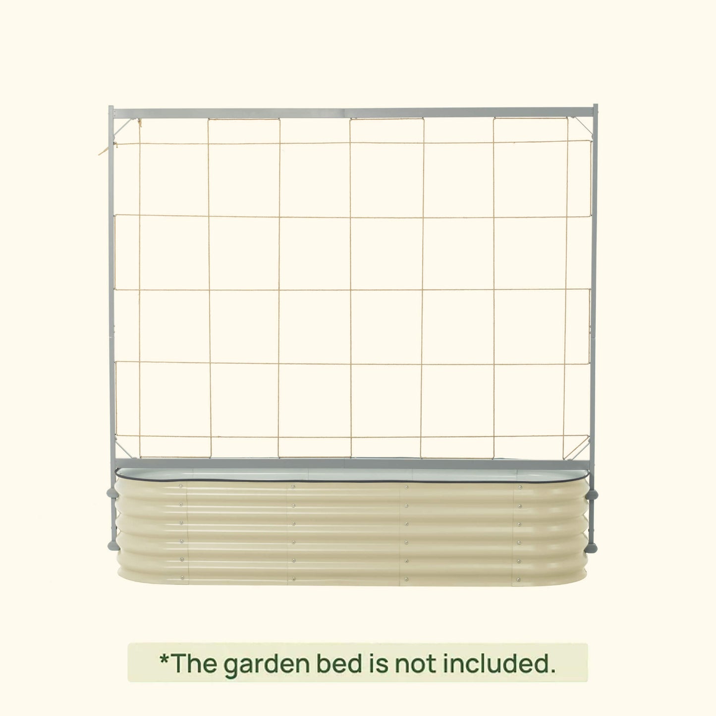 Metal frame string trellis installed in a pearly white raised garden bed on a white background with text saying the garden bed is not included.