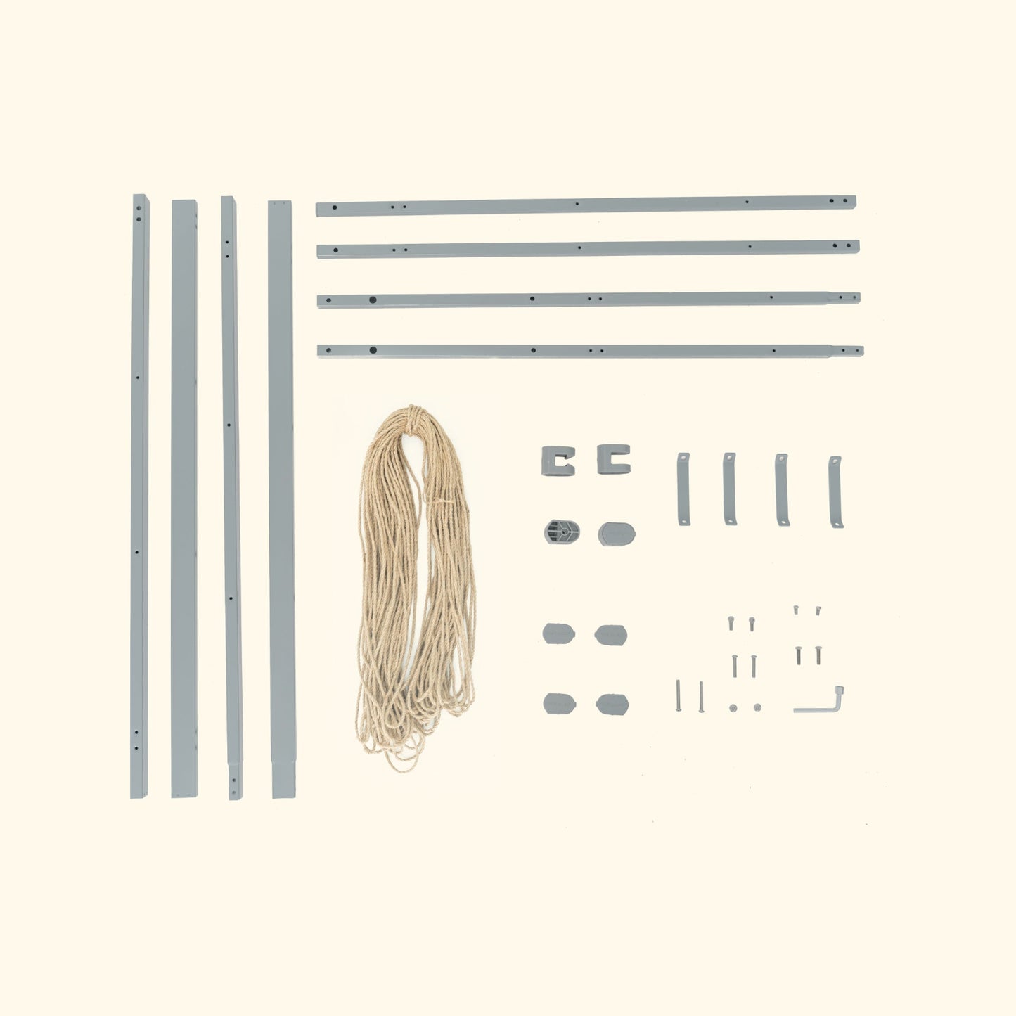Image of all included materials used for the metal frame string trellis, including the fully compostable twine.