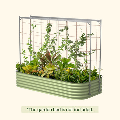 Green metal raised garden bed with plants and the metal frame string trellis on a white background with text clearly outlining the garden bed is not included.