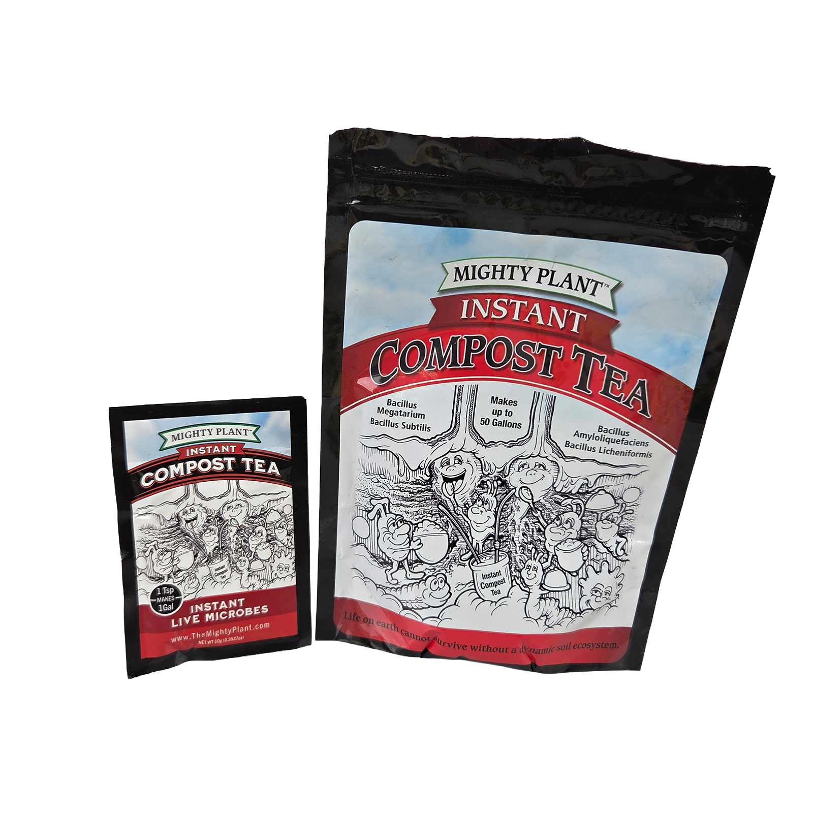 Two packages of Mighty Plant Instant Compost Tea on a white background. One package is 10 grams and the other is 5 oz (142 grams), showing the size difference.