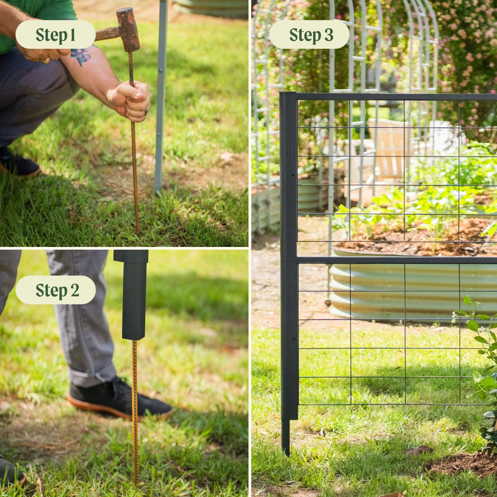 Step-by-step process of installing the Modern Privacy Trellis into the ground including: pound two rebar into the ground, place trellis over rebar, and enjoy your privacy trellis. 