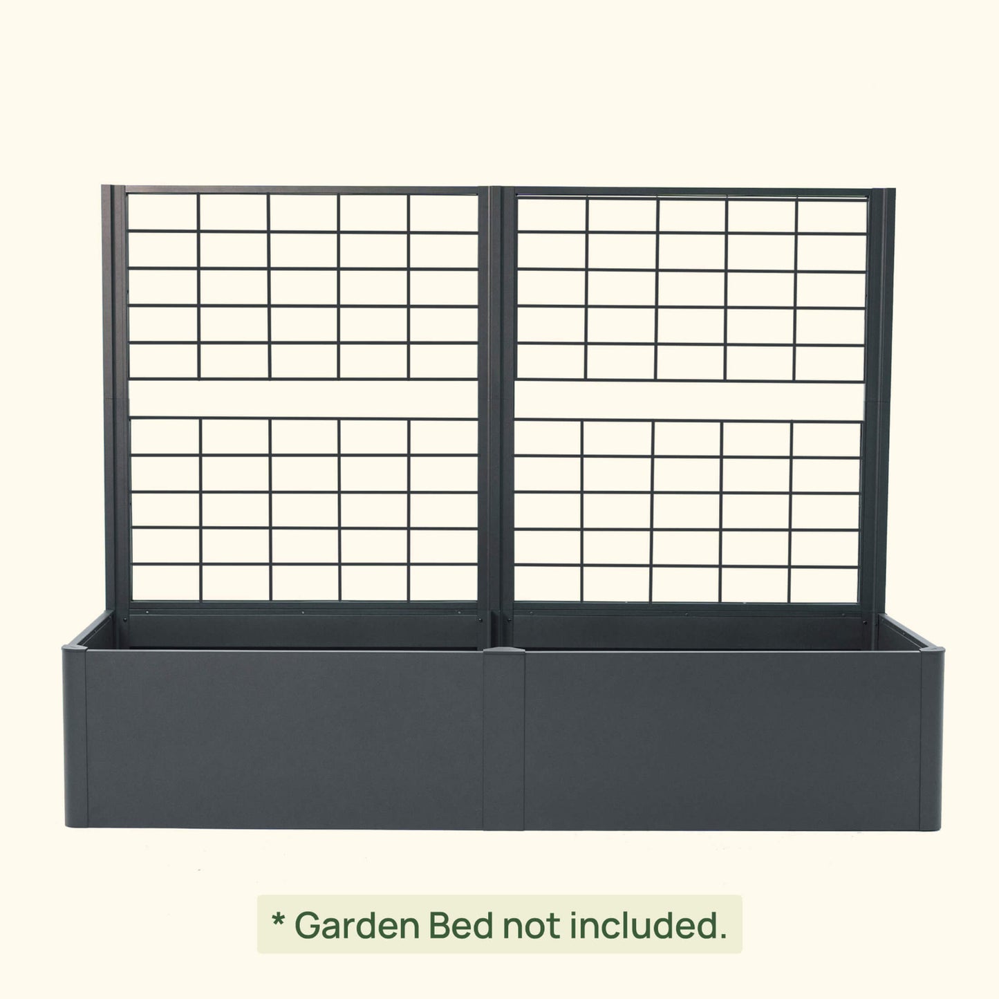 Modern metal raised garden bed in Midnight Blue with trellis installed on a white background with text clarifying the garden bed is not included with the purchase of the trellis.