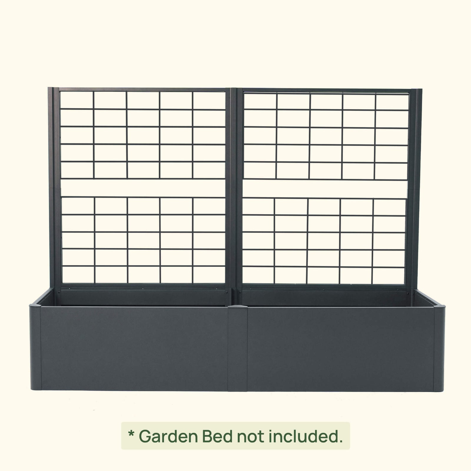 Modern metal raised garden bed in Midnight Blue with trellis installed on a white background with text clarifying the garden bed is not included with the purchase of the trellis.