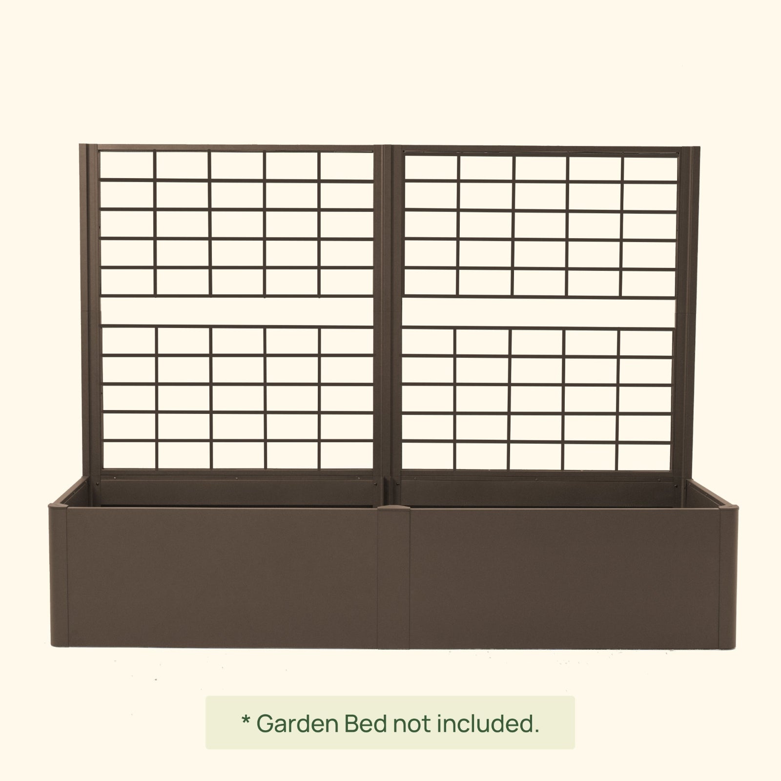 Modern metal raised garden bed in Umber Brown with trellis installed on a white background with text clarifying the garden bed is not included with the purchase of the trellis.