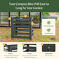 Modular Compost bin with features highlighted and a garden background. Features include: the posts being made of 1.5mm galvanized steel with double-sided coating, the slats made of 0.8mm galvanized steel with double-sided coating, and the hardware all being made of stainless steel to make the composters pest and rot resistant and low maintenance. 