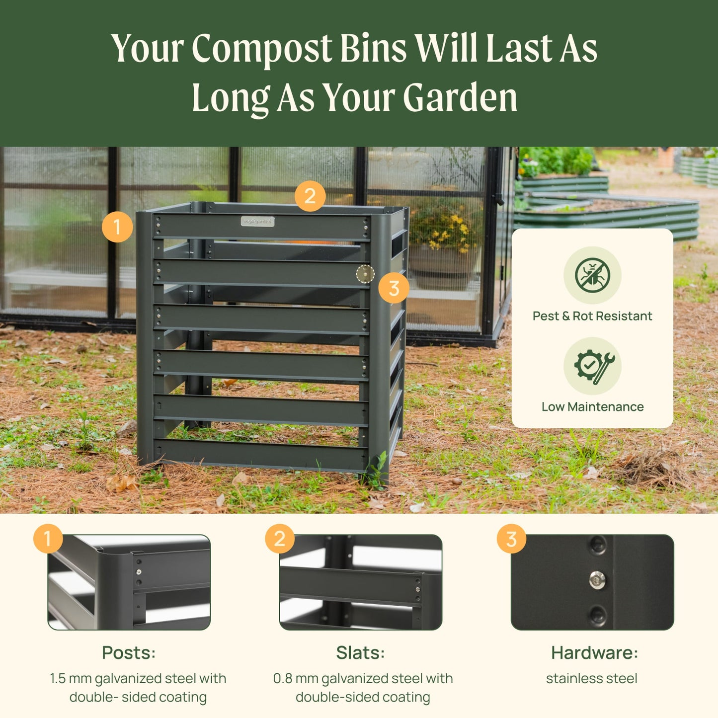 Modular Compost bin with features highlighted and a garden background. Features include: the posts being made of 1.5mm galvanized steel with double-sided coating, the slats made of 0.8mm galvanized steel with double-sided coating, and the hardware all being made of stainless steel to make the composters pest and rot resistant and low maintenance. 