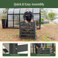 Person assembling a modular compost bin with text highlighting quick and easy assembly including pre-drilled holes and easy tool free assembly.