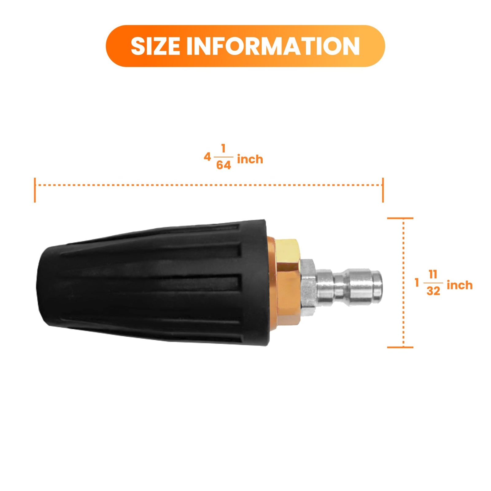 Pressure washer  turbo nozzle with dimension information on a white background. Dimensions are 4 1/64 inch by 1 11/32inch. 