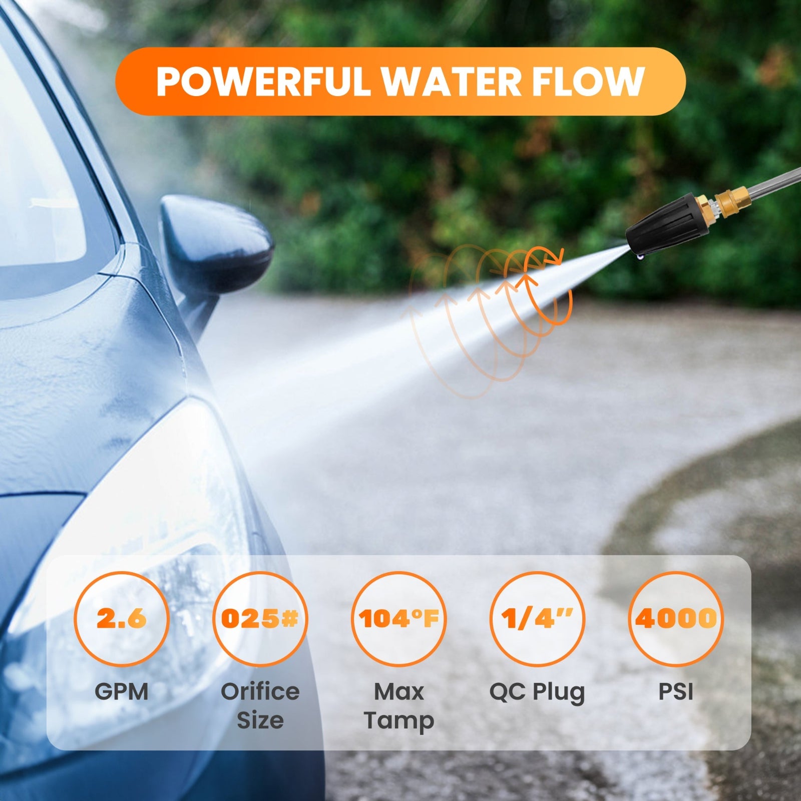 Car being washed with the turbo nozzle high-pressure washer, featuring specifications including: 2.6 GPM, 025 pound orifice size, 104 degree Fahrenheit max temperature, 1/4 inch QC plug and 4,000 max PSI. 