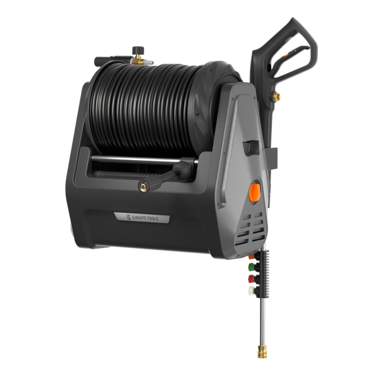 Retractable electric pressure washer with hose reel and nozzle on a white background