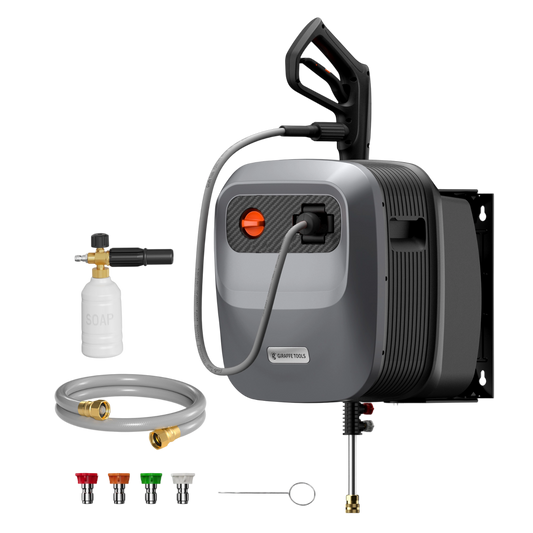 Retractable electric pressure washer kit with hose, nozzle, and accessories on a white background