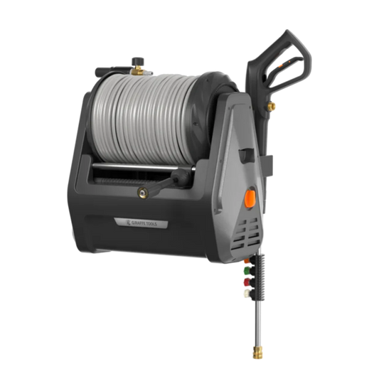 Retractable electric pressure washer with hose reel and nozzle on a white background